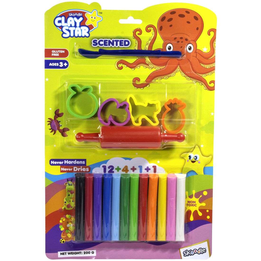 Skoodle Clay Star 200Gm. 12 Shades ||4 Moulds|| 1 Roller|| 1 Tool|| - Octopus