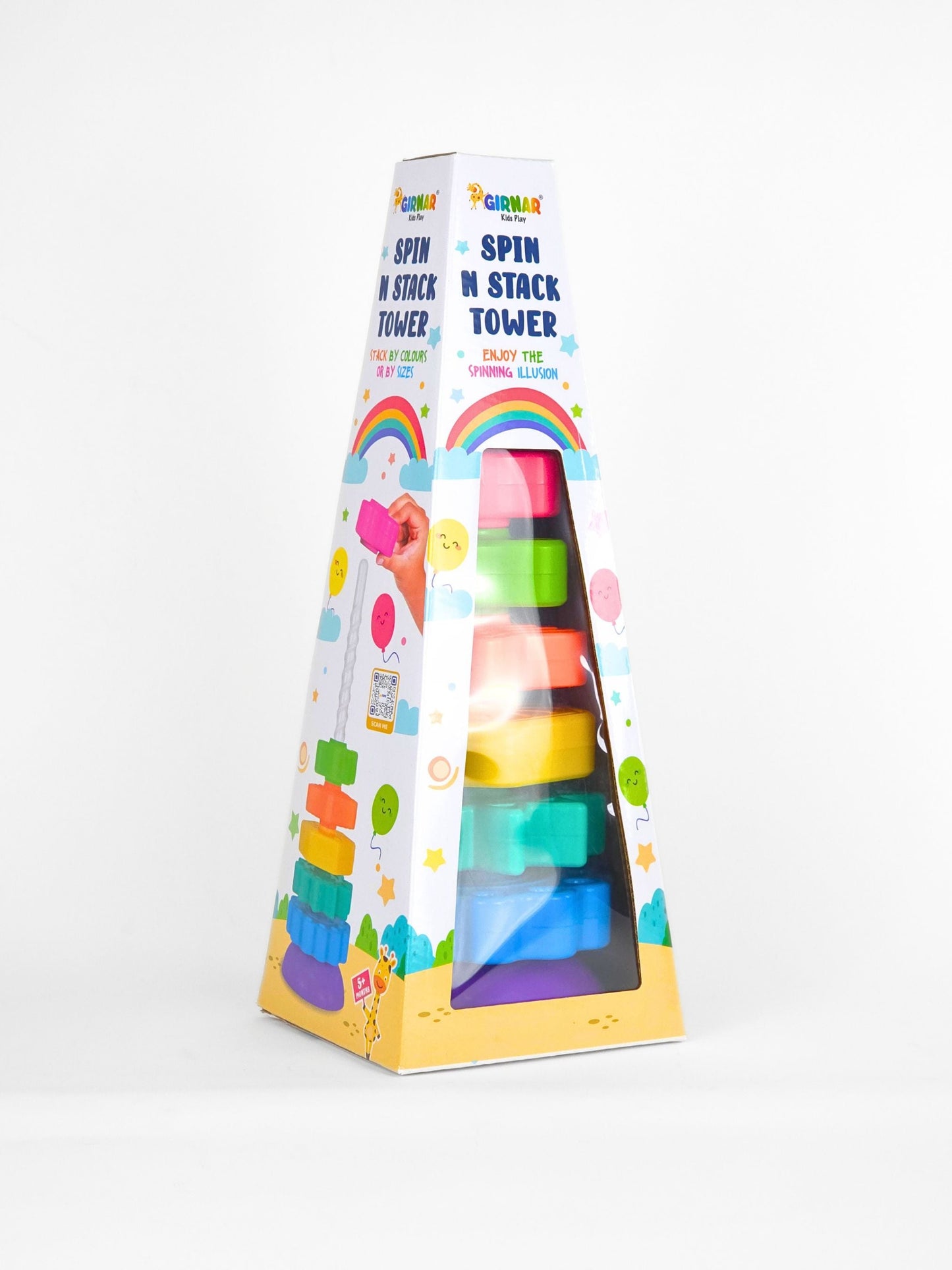Girnar Spin N Stack Tower – Rainbow Stacking Rings Toy for Kids | Spinning Illusion | BIS Certified | Ages 3+