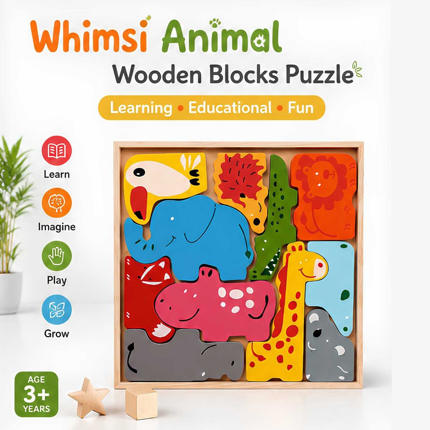 Bluebells Toys Whimsi Animal Design Learning Educational Fun Toy Wooden Blocks Puzzle for Kids