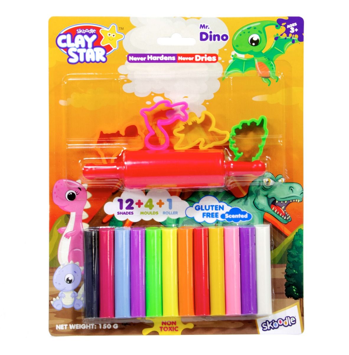 Skoodle Clay Star - Mr. Dino With 12 Shades, 4 Moulds & 1 Roller, Non-Toxic, Gluten Free 150Gm