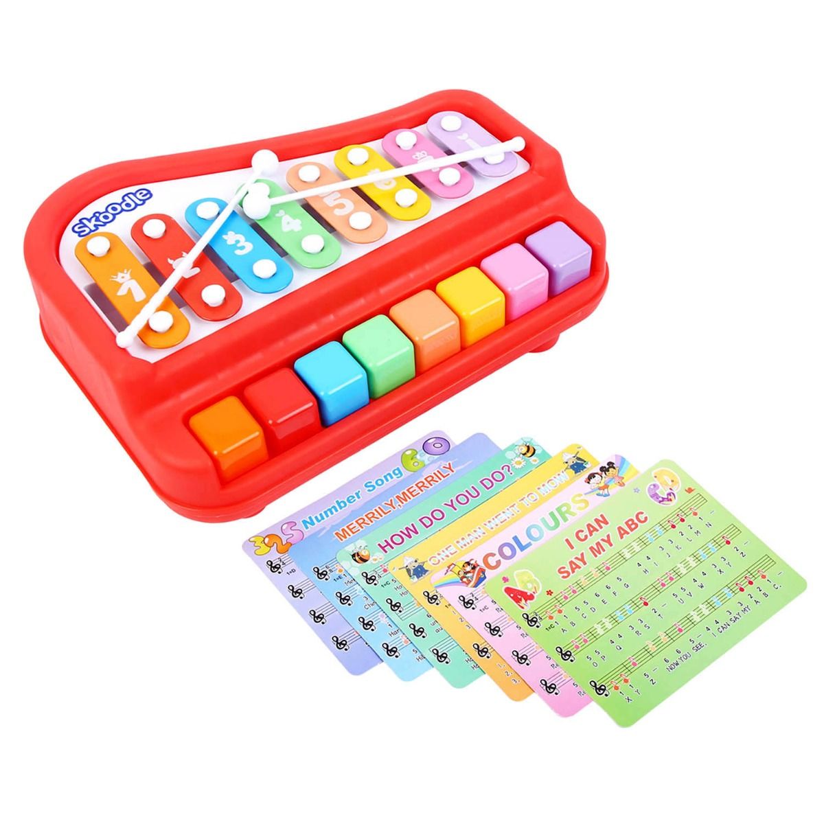 Skoodle 2-In-1 Xylophone Musical Piano For Kids, Interactive Preschool Learning Instrument & Toy With 8 Keys, 2 Mallets- Ideal For Baby, Boys And Girls & Gifting (Age 3+), Red