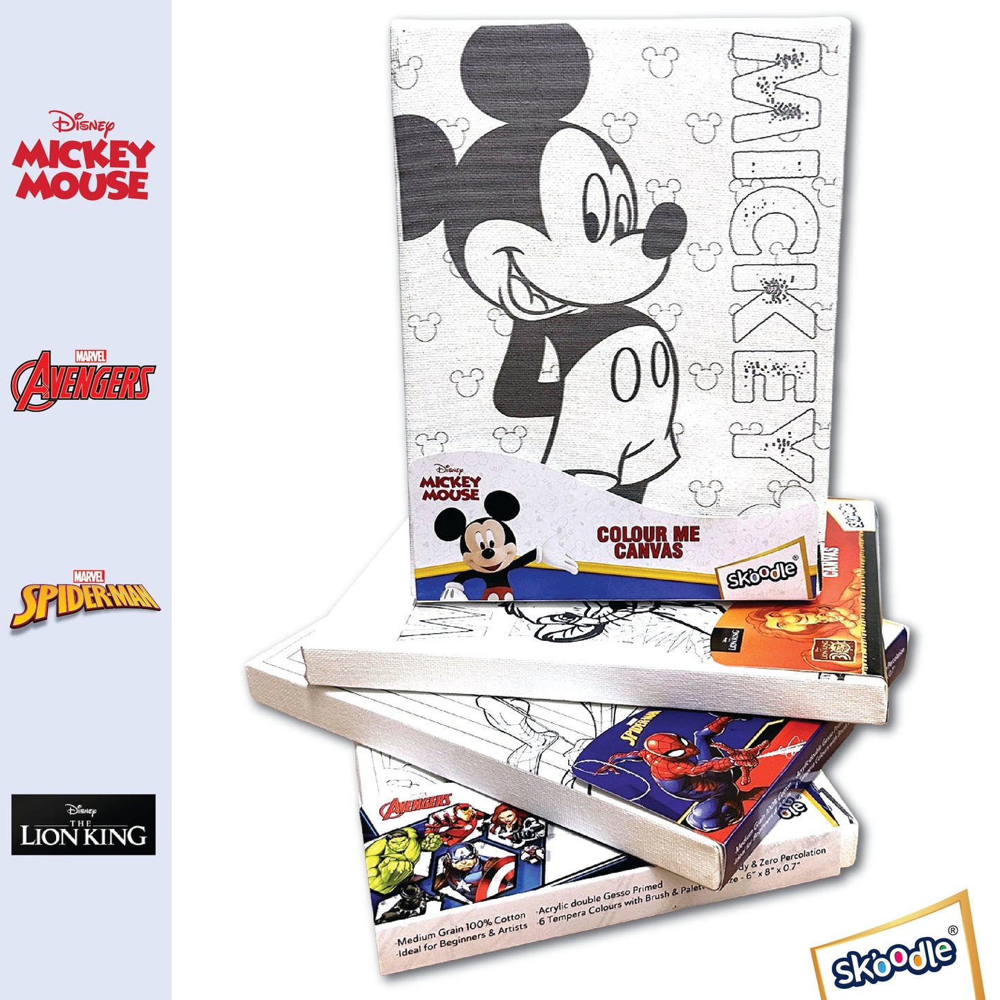 Set of 4 Colour Me Canvas Painting Kit of Disney Mickey Mouse, Lion King, Spiderman & Avengers, 6x8 in, 4 Canvas with Tempera Colours, Brush & Palette, Age 3Y+