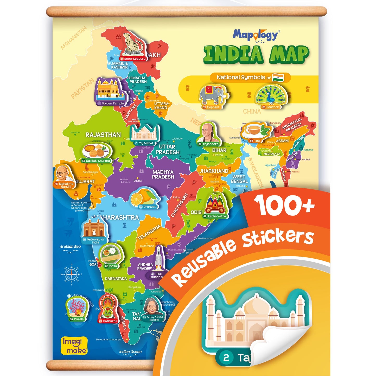 Mapology India Map Wall Chart with Reusable Stickers