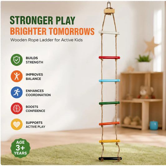 Bluebells Toys Skillofunry Mango Wood Wall Hanging 7-Steps Rope Ladder Fun Playing Toy for kids