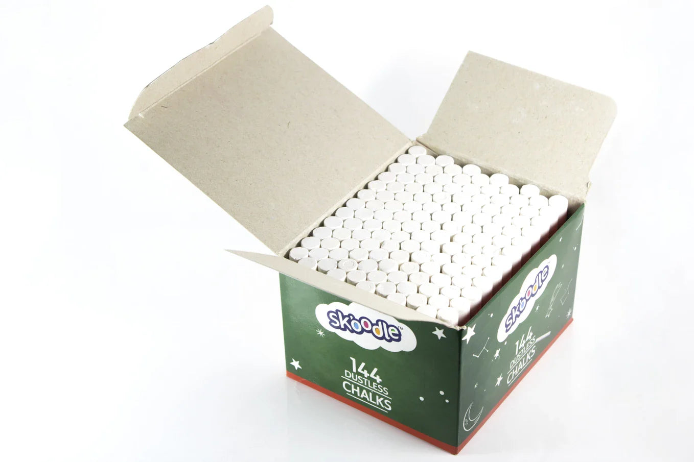 SKOODLE Premium Dustless White Chalk Set | 144 Non-Toxic & Washable Chalk Sticks for Blackboards, Green Boards & Sidewalk Art