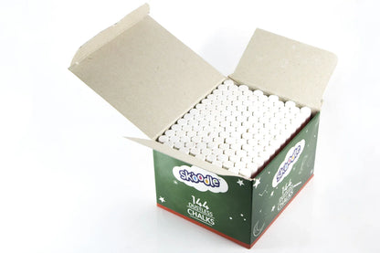 SKOODLE Premium Dustless White Chalk Set | 144 Non-Toxic & Washable Chalk Sticks for Blackboards, Green Boards & Sidewalk Art