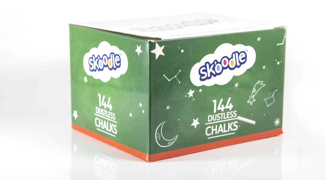 SKOODLE Premium Dustless White Chalk Set | 144 Non-Toxic & Washable Chalk Sticks for Blackboards, Green Boards & Sidewalk Art
