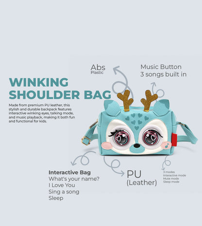 Winking Elf Shoulder Bag - Deer | Interactive Winking Eyes, Talking Mode & Music Playback | TYKLE