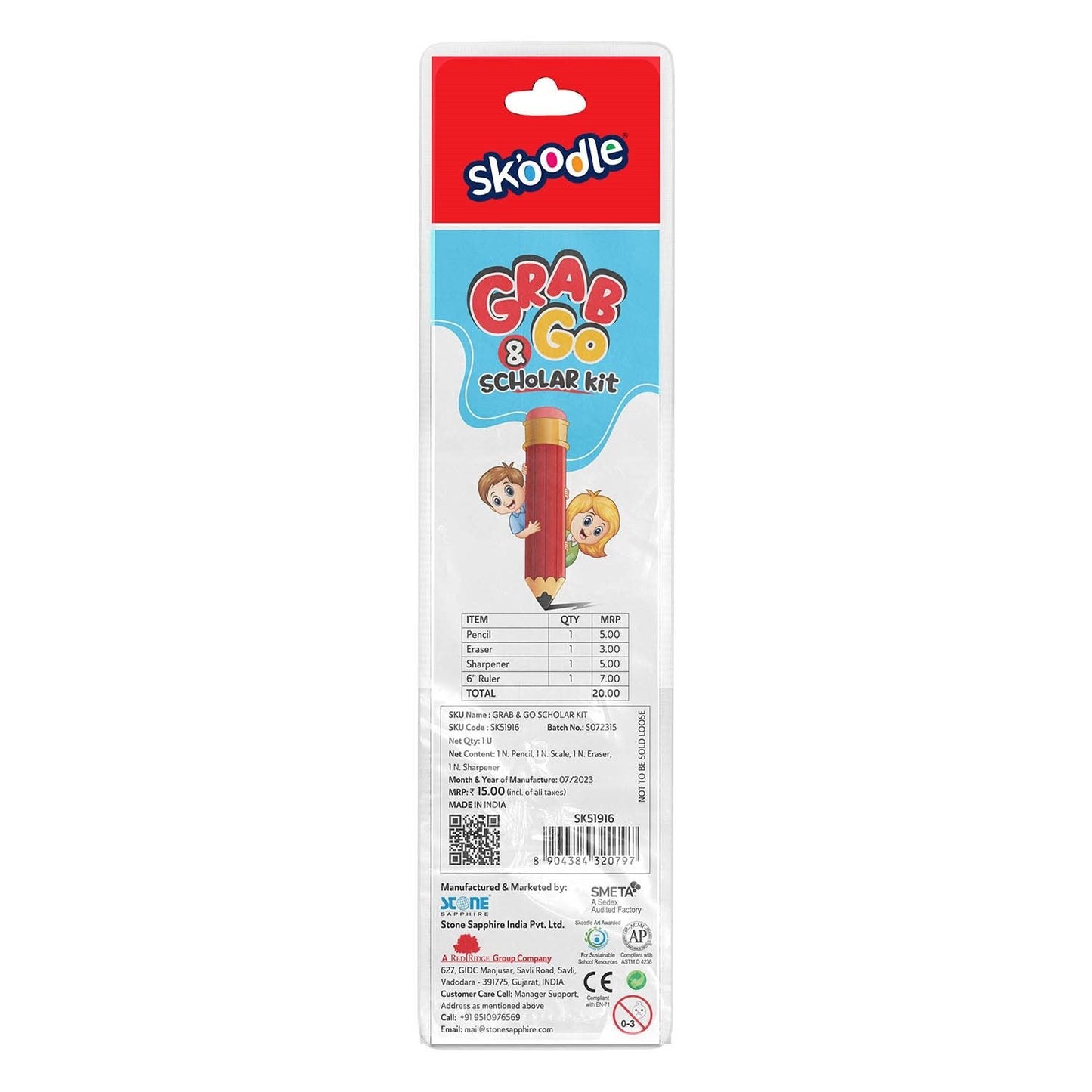 Skoodle Grab & Go Stationery Kit (1 Pencil/1 Scale/1 Eraser/1 Sharpener)