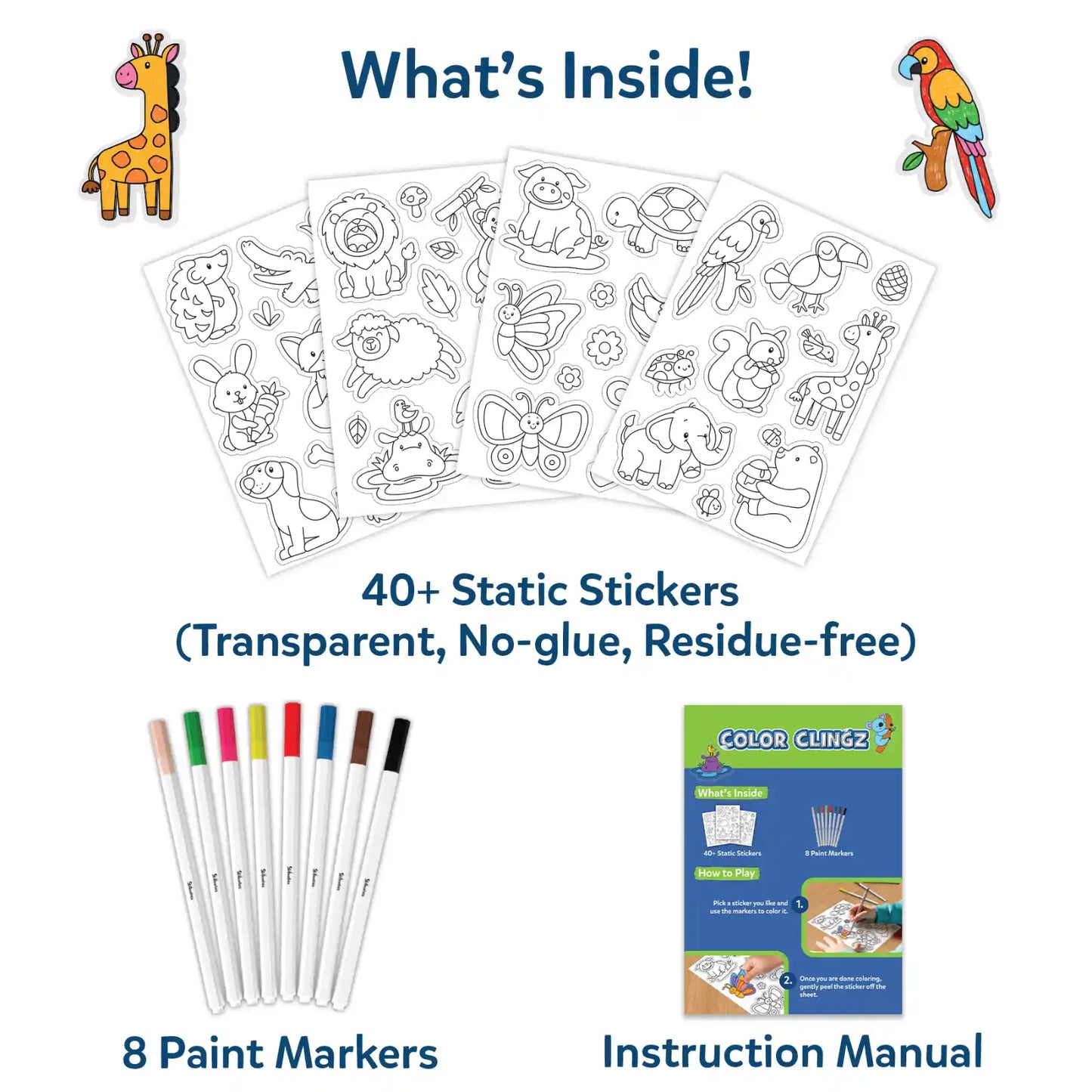 Color Clingz: Amazing Animals | Mess-Free Reusable Static Stickers | Gifts for Ages 3-7