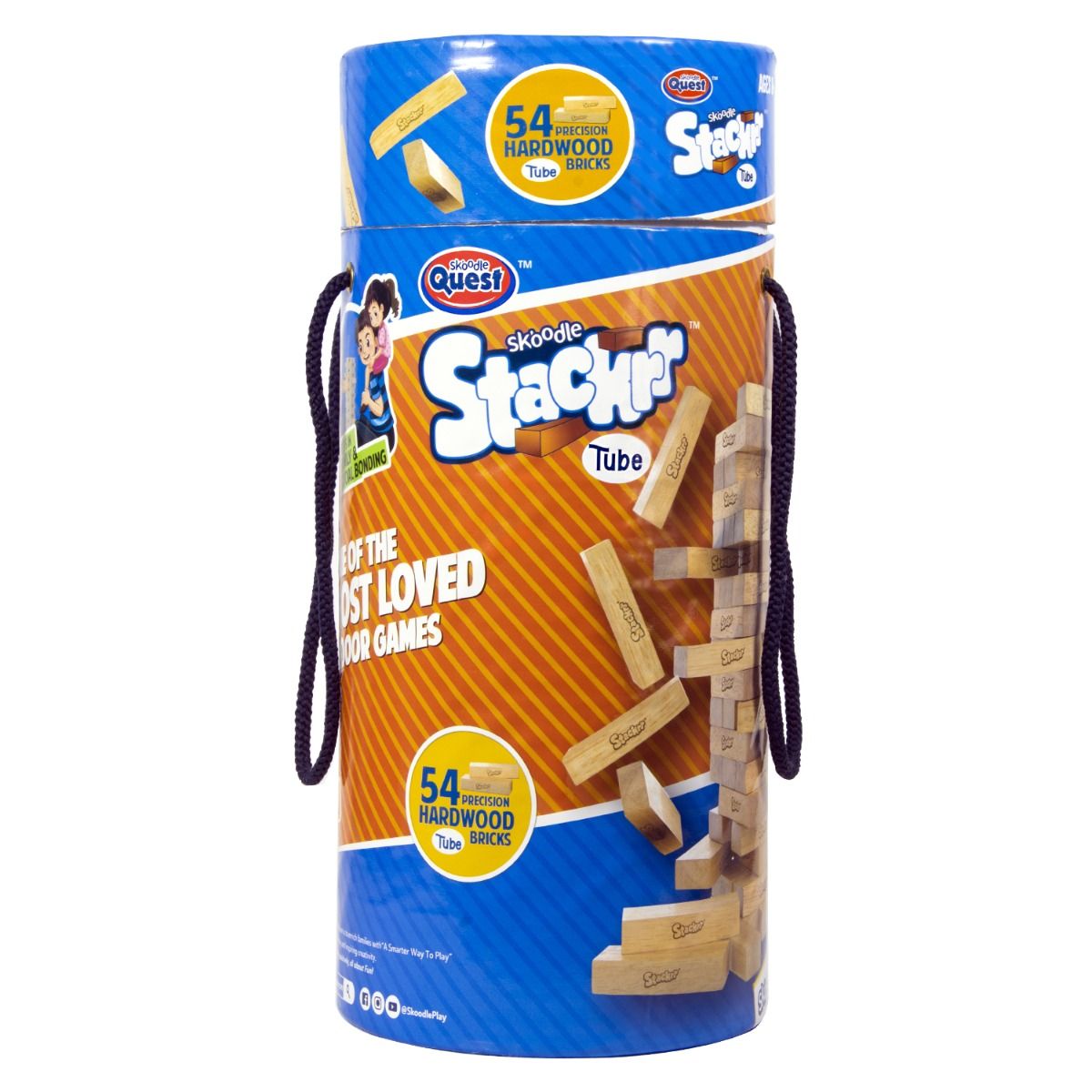 Skoodle Stackrr Tube Stacking Tumbling Tower Game With 54 Precision Wooden Blocks Of Premium Beachwood For Adults And Kids, 1 Or More Players