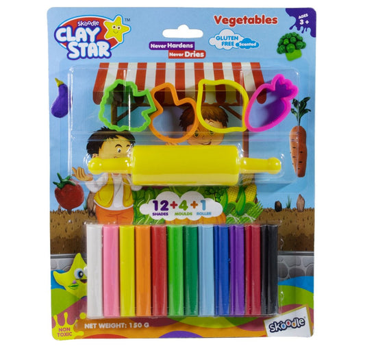 Skoodle Clay Star Scented Clay Pack, 150Gm With 4 Moulds & 1 Roller - Vegetables