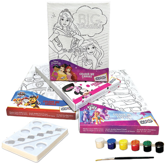 Set of 4 Colour Me Canvas Kit of Disney Princess, Paw Patrol, Minnie, My Little Pony, 4 Canvas, 6x8 Inch, 6 Tempera Colours, Brush and Palette with Each Canvas, Ages 3+ Years