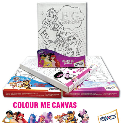 Set of 4 Colour Me Canvas Kit of Disney Princess, Paw Patrol, Minnie, My Little Pony, 4 Canvas, 6x8 Inch, 6 Tempera Colours, Brush and Palette with Each Canvas, Ages 3+ Years