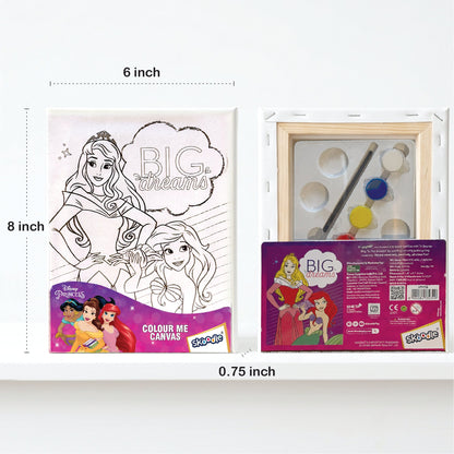 Set of 4 Colour Me Canvas Kit of Disney Princess, Paw Patrol, Minnie, My Little Pony, 4 Canvas, 6x8 Inch, 6 Tempera Colours, Brush and Palette with Each Canvas, Ages 3+ Years