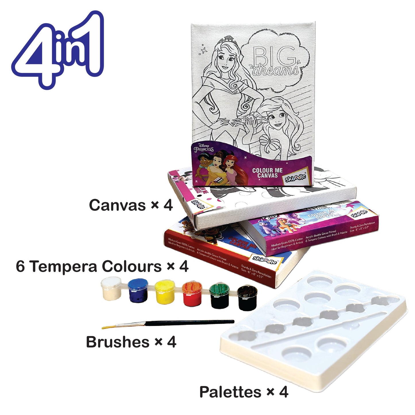 Set of 4 Colour Me Canvas Kit of Disney Princess, Paw Patrol, Minnie, My Little Pony, 4 Canvas, 6x8 Inch, 6 Tempera Colours, Brush and Palette with Each Canvas, Ages 3+ Years
