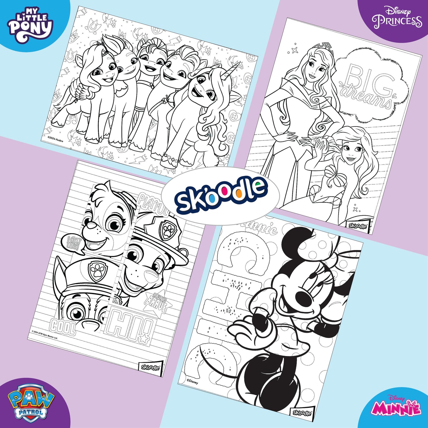 Set of 4 Colour Me Canvas Kit of Disney Princess, Paw Patrol, Minnie, My Little Pony, 4 Canvas, 6x8 Inch, 6 Tempera Colours, Brush and Palette with Each Canvas, Ages 3+ Years