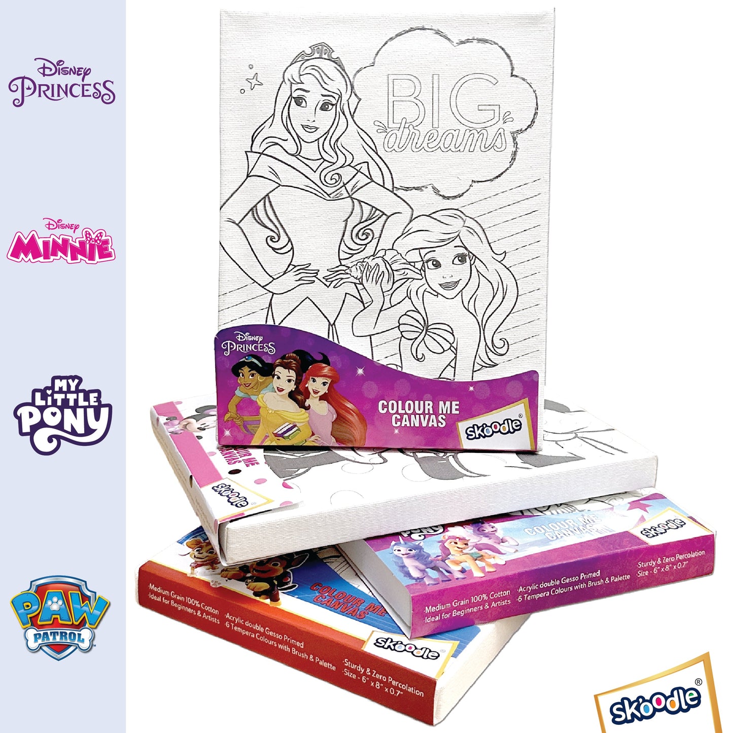 Set of 4 Colour Me Canvas Kit of Disney Princess, Paw Patrol, Minnie, My Little Pony, 4 Canvas, 6x8 Inch, 6 Tempera Colours, Brush and Palette with Each Canvas, Ages 3+ Years