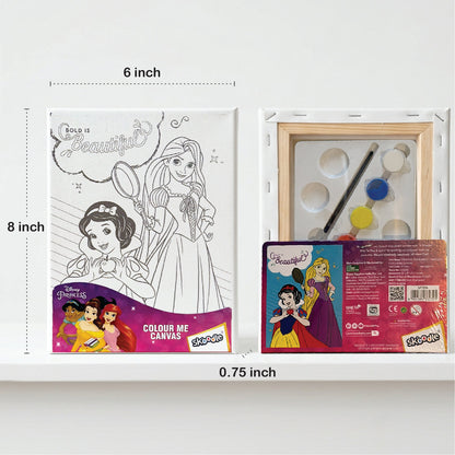 Set of 4 Colour Me Canvas Kit for Disney Princess, Frozen, Elsa, Anna 4-in-1 Set, 6x8 in, 100% Cotton, with 6 Tempera Colours, Brush and Palette, Ages 3+