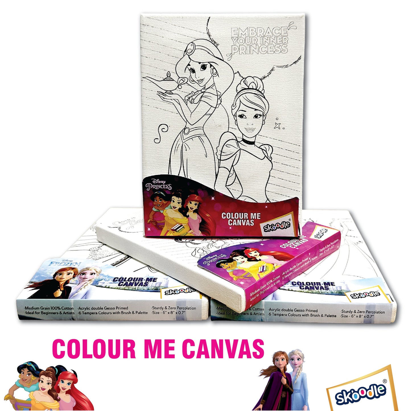 Set of 4 Colour Me Canvas Kit for Disney Princess, Frozen, Elsa, Anna 4-in-1 Set, 6x8 in, 100% Cotton, with 6 Tempera Colours, Brush and Palette, Ages 3+