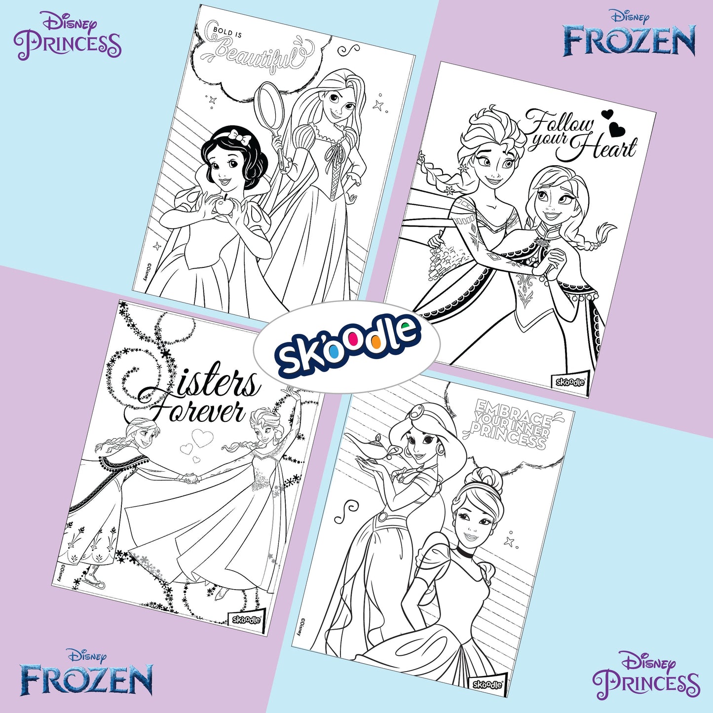 Set of 4 Colour Me Canvas Kit for Disney Princess, Frozen, Elsa, Anna 4-in-1 Set, 6x8 in, 100% Cotton, with 6 Tempera Colours, Brush and Palette, Ages 3+