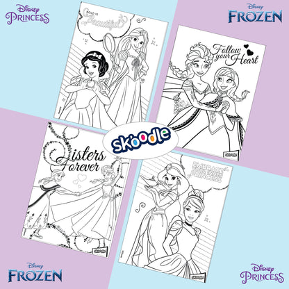 Set of 4 Colour Me Canvas Kit for Disney Princess, Frozen, Elsa, Anna 4-in-1 Set, 6x8 in, 100% Cotton, with 6 Tempera Colours, Brush and Palette, Ages 3+