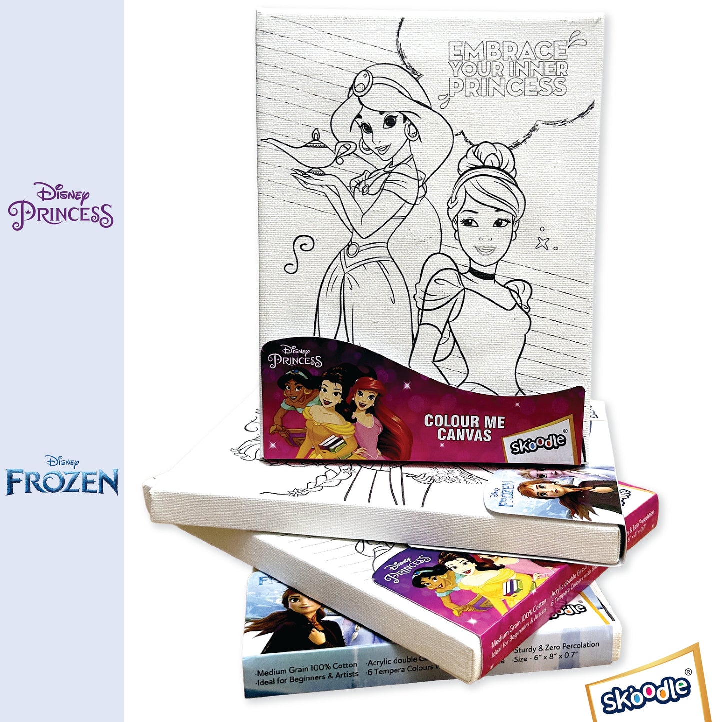 Set of 4 Colour Me Canvas Kit for Disney Princess, Frozen, Elsa, Anna 4-in-1 Set, 6x8 in, 100% Cotton, with 6 Tempera Colours, Brush and Palette, Ages 3+