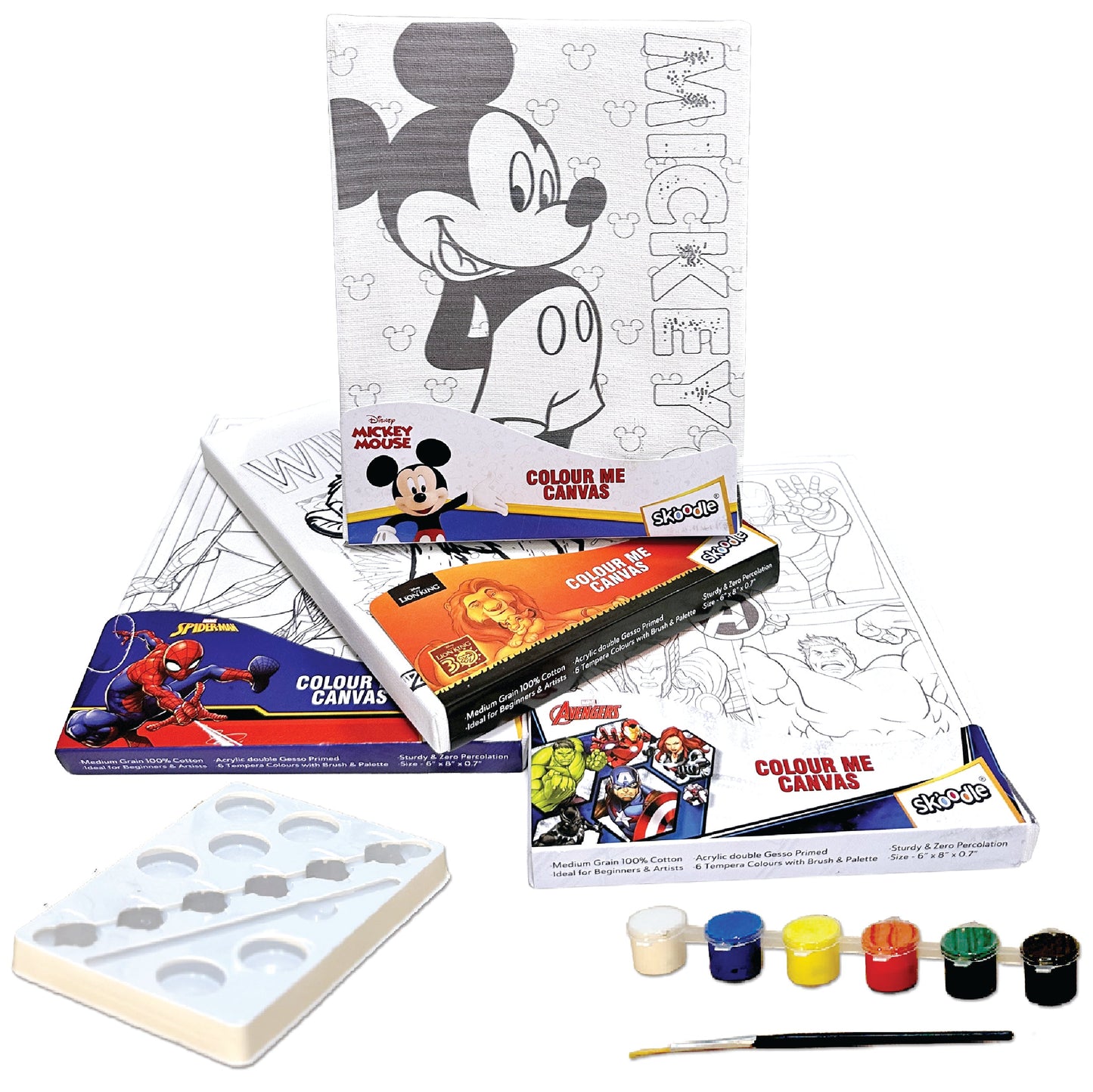 Set of 4 Colour Me Canvas Painting Kit of Disney Mickey Mouse, Lion King, Spiderman & Avengers, 6x8 in, 4 Canvas with Tempera Colours, Brush & Palette, Age 3Y+