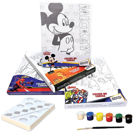 Set of 4 Colour Me Canvas Painting Kit of Disney Mickey Mouse, Lion King, Spiderman & Avengers, 6x8 in, 4 Canvas with Tempera Colours, Brush & Palette, Age 3Y+