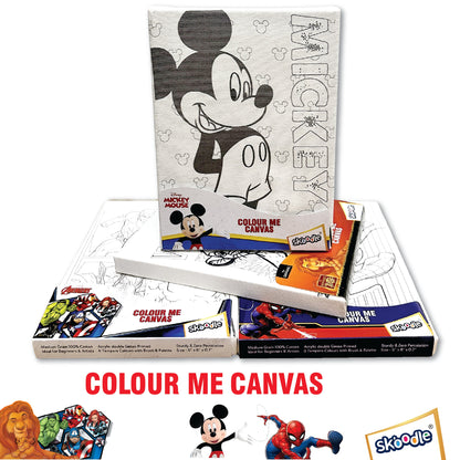 Set of 4 Colour Me Canvas Painting Kit of Disney Mickey Mouse, Lion King, Spiderman & Avengers, 6x8 in, 4 Canvas with Tempera Colours, Brush & Palette, Age 3Y+