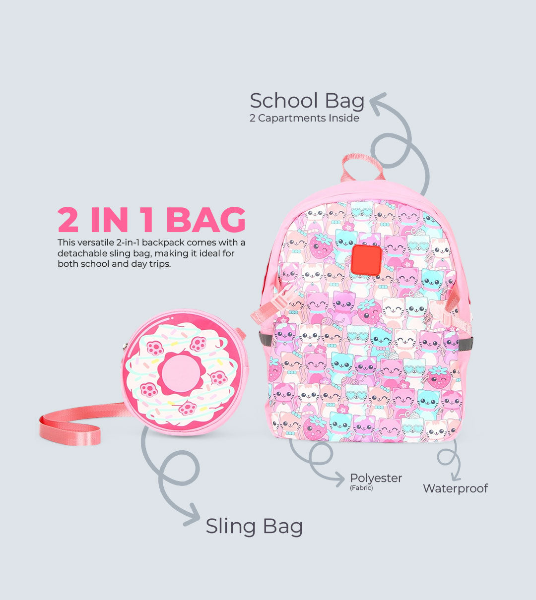 Pink Cat Backpack Two-in-One – Detachable Sling Bag & 3D Design | TYKLE