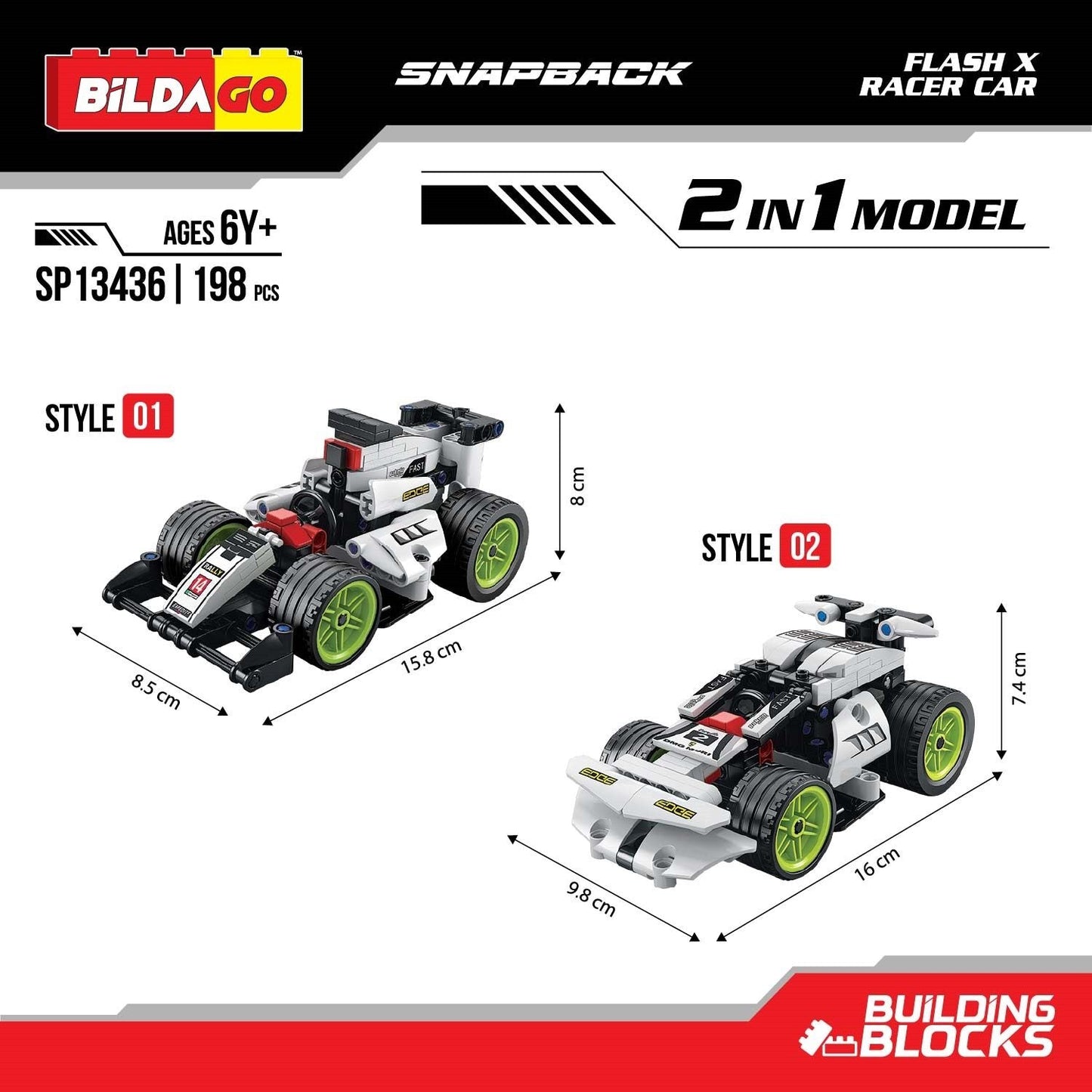 Bildago Snapback Racers - Flash X (SP13436) - Pull back Racer Car (198 PCS)