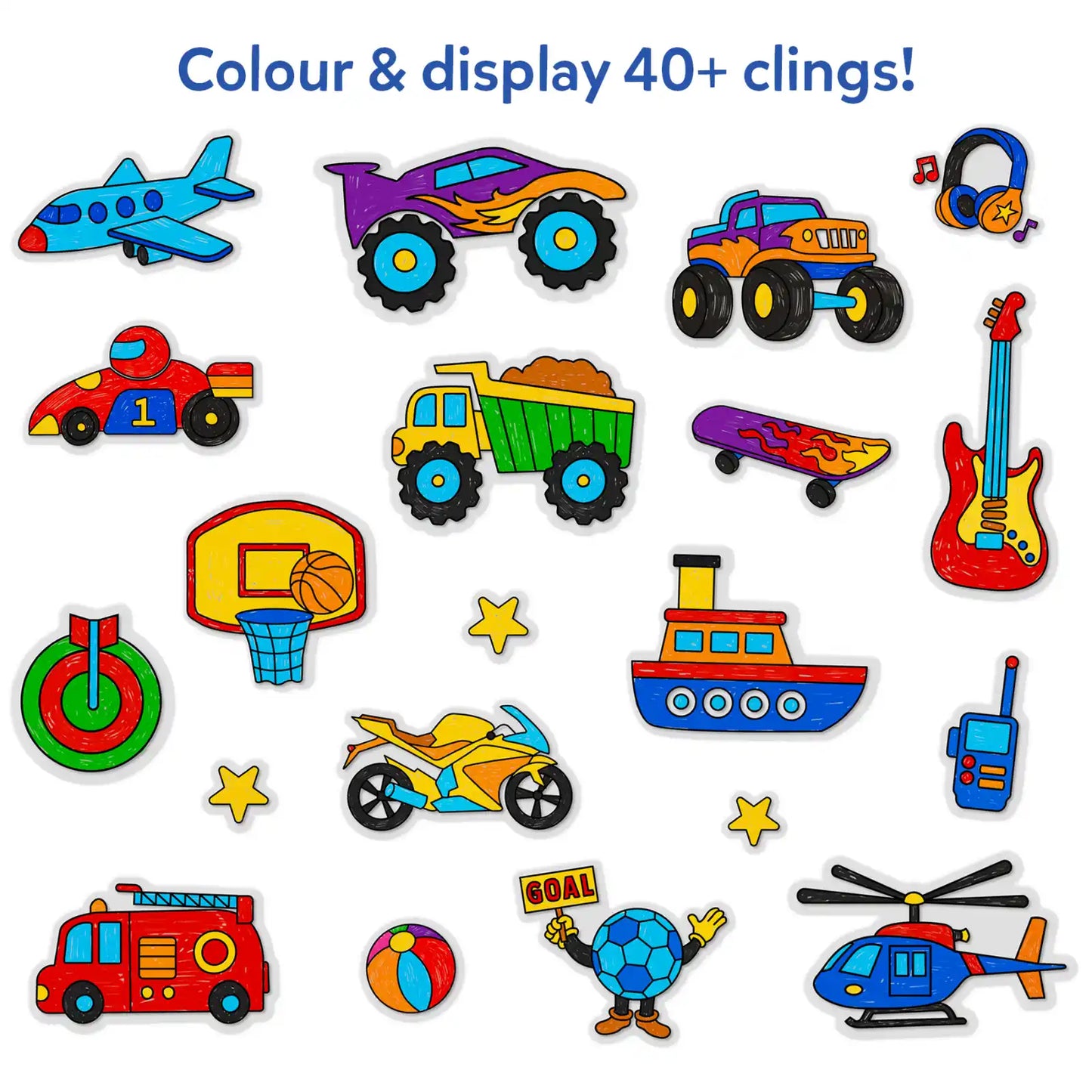 Color Clingz: Cars, Sports, Dinos & More! | Mess-Free Reusable Static Stickers | Gifts for Ages 3-7