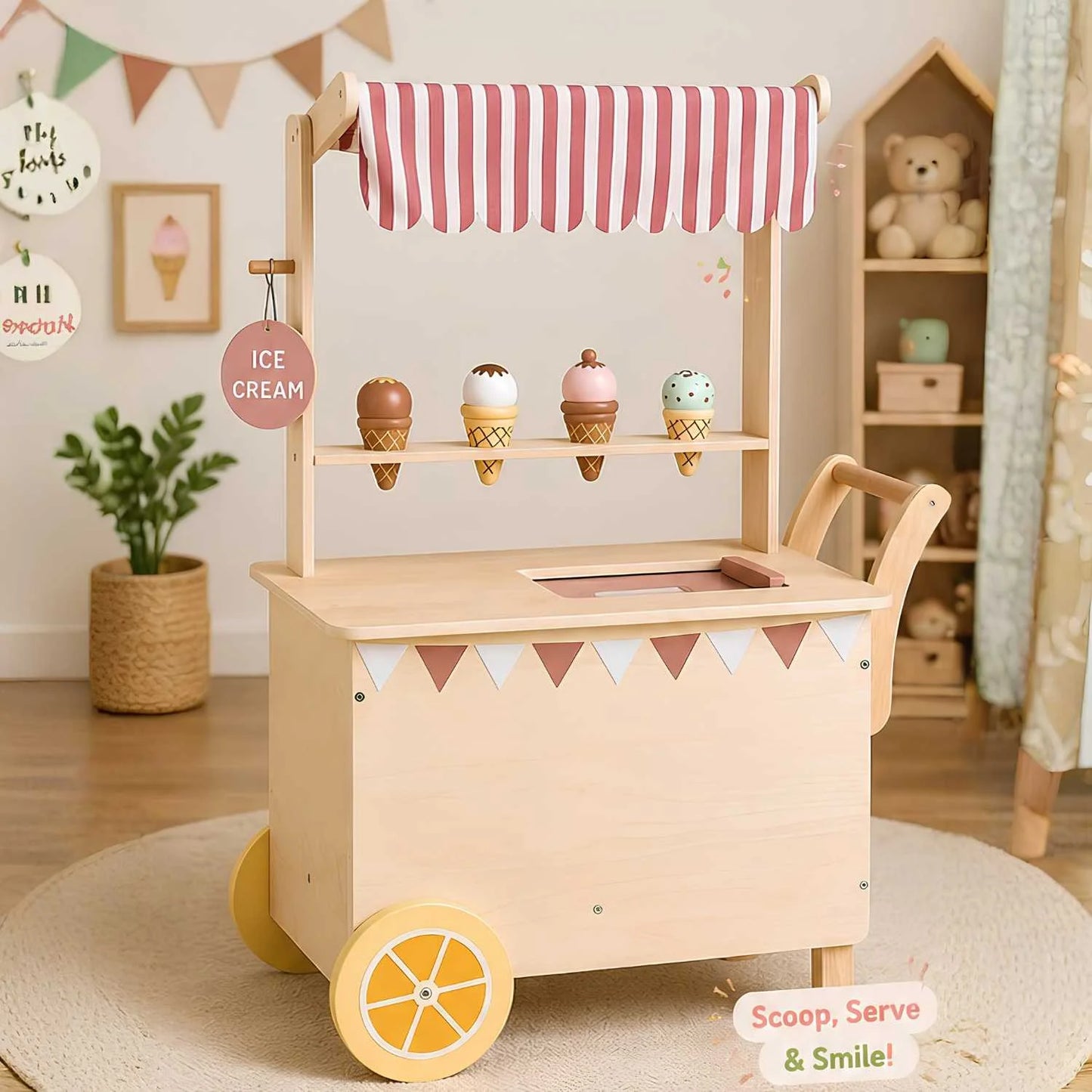Wooden Ice Cream Cart Pretend Play Set for Kids 3+ Years