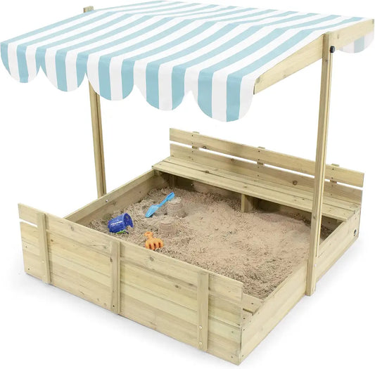 Plum Sandpit with Canopy - Wooden Sandpit Sandbox with Sun Protection Roof - The Height-Adjustable Canopy. Two Wooden Side Benches - Cover and Liner Included