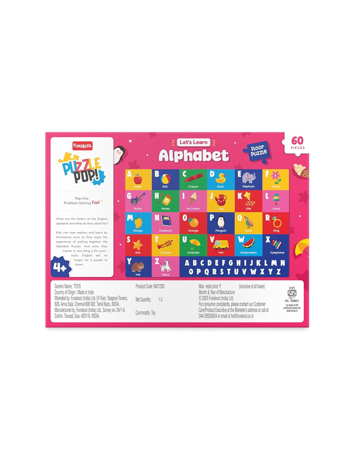 Funskool Play & Learn Alphabet Puzzle | 60-Piece Educational Learning Toy for Kids | Age 3+ Years