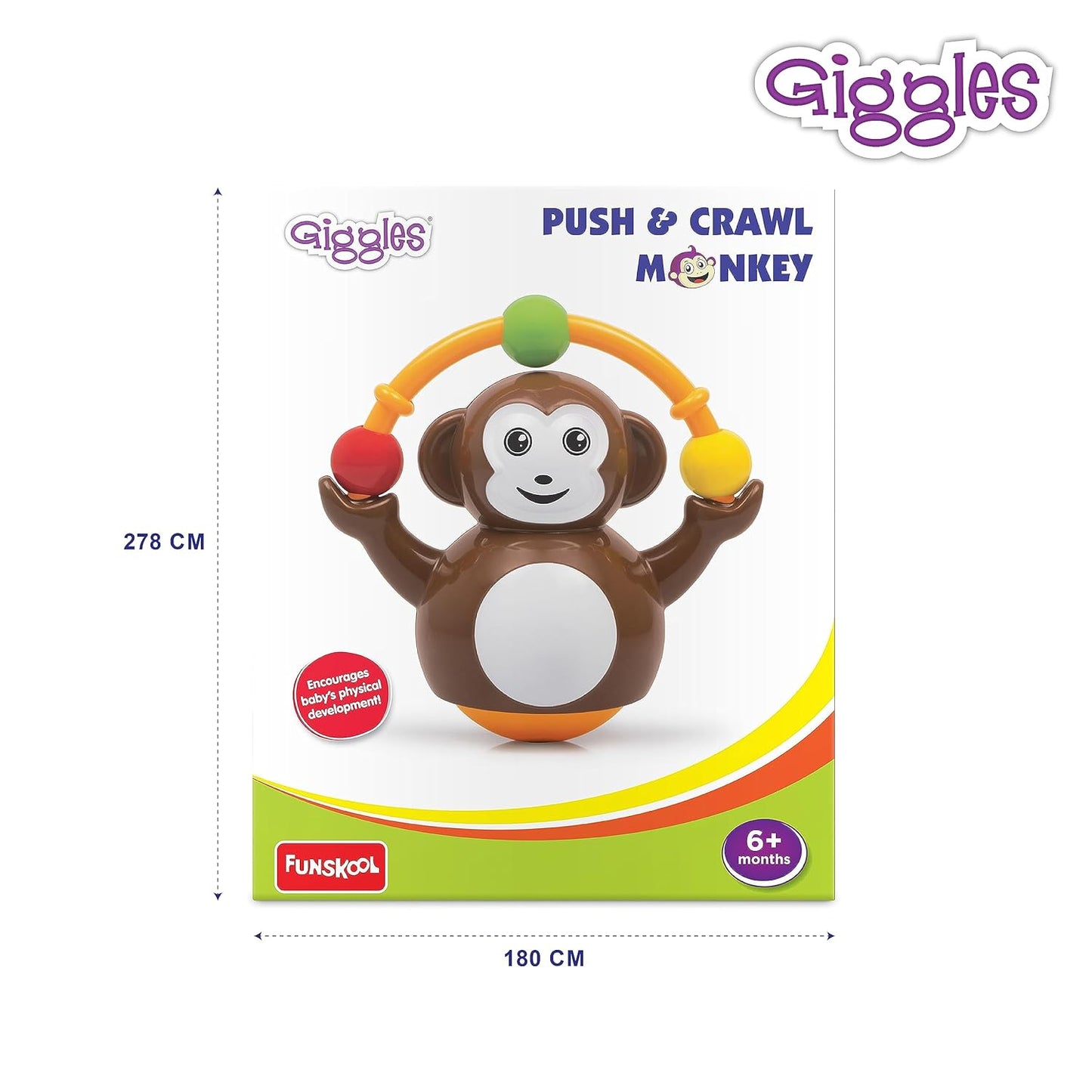 Funskool Giggles Push N Crawl Monkey Toy for Babies | Crawling & Activity Learning Toy | Multicolour | 6+ Months