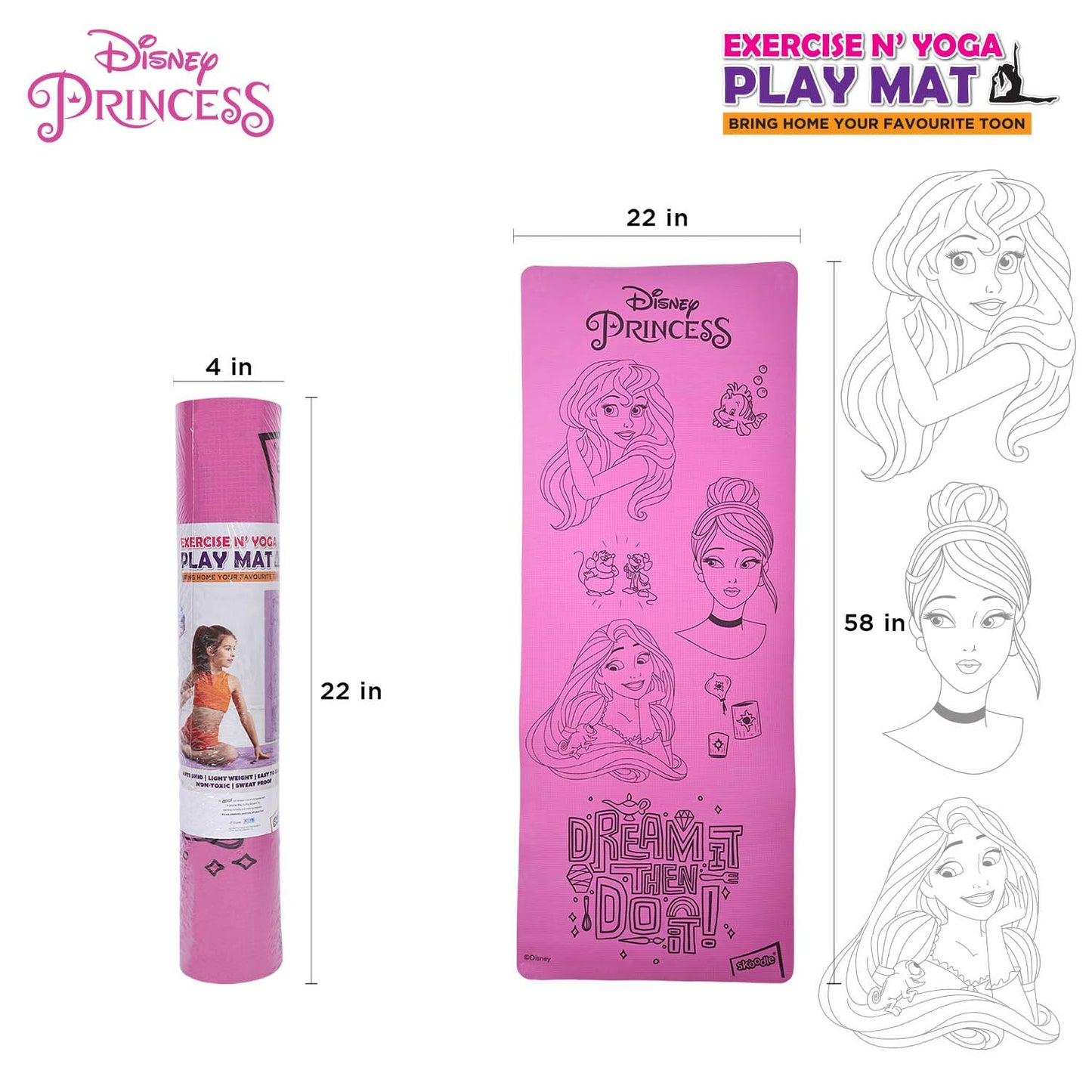 Disney Princess Yoga & Exercise Mat (22" X 58" X 0.4 Cm) - In 2 Assorted Colours