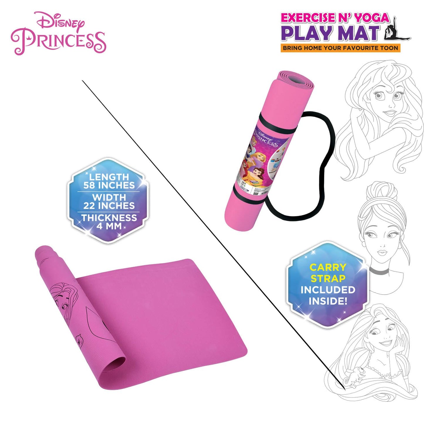 Disney Princess Yoga & Exercise Mat (22" X 58" X 0.4 Cm) - In 2 Assorted Colours