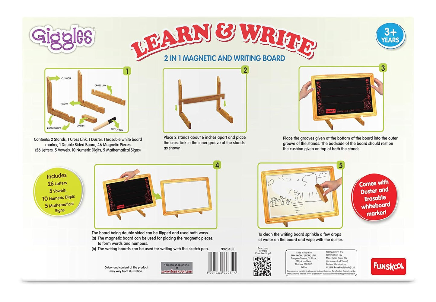 Funskool Giggles Learn N Write Slate | 2-in-1 Magnetic & Dry Erase Learning Board for Kids | Multicolour | Age 3+ Years
