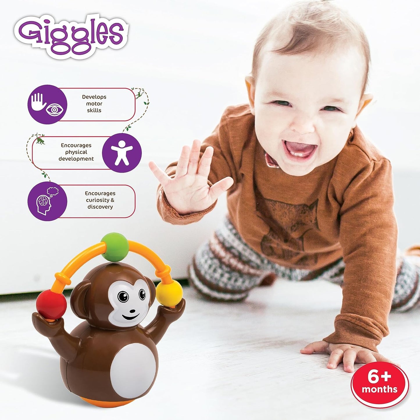 Funskool Giggles Push N Crawl Monkey Toy for Babies | Crawling & Activity Learning Toy | Multicolour | 6+ Months
