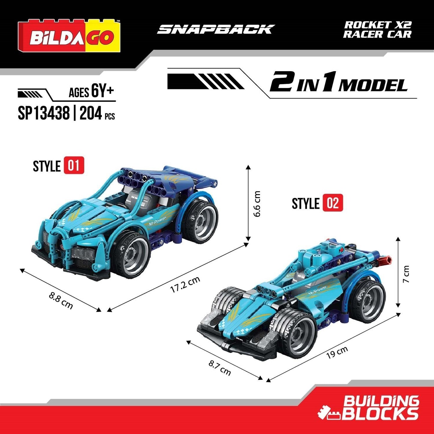 Bildago Snapback Racers - Rocket X2 (SP13438) - Pull back Racer Car (204 Pcs)