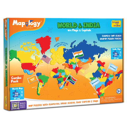 Mapology Combo: Map Puzzle of India and World with Capitals and Flags of Countries