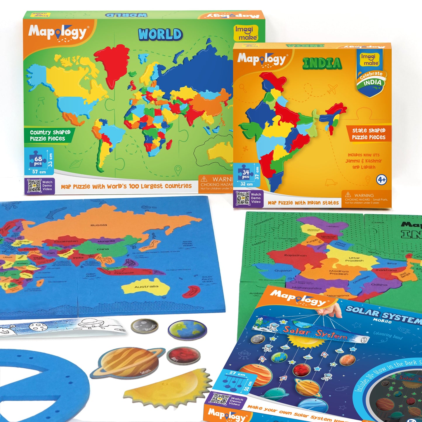 Mapology Combo: India & World Map Puzzle and Solar System Mobile - DIY Hanging Craft Kit