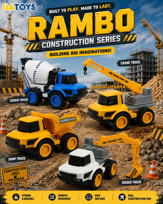 RAMBO Construction Series – Cement Mixer, Crane Truck, Dump Truck & Digger Truck Toy for Kids