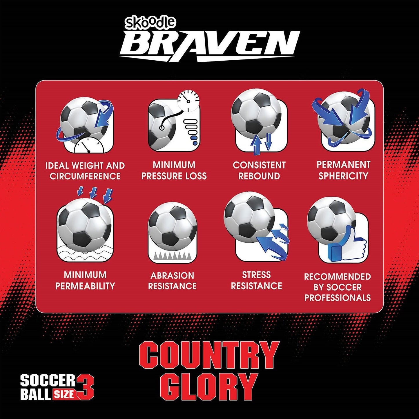 Braven Country Glory Football - Size 3 (Moulded) - Brazil / France / England / Spain / Germany / Argentina