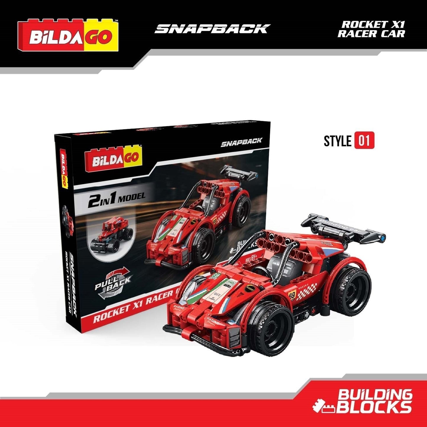 Bildago Snapback Racers - Rocket X1 (SP13437) - Pull back Racer Car (200 Pcs)