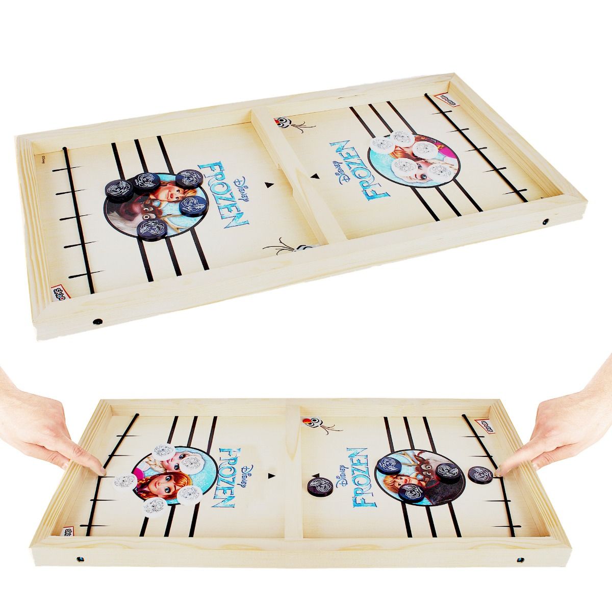 Skoodle Disney Frozen Sling Puck Game, Super-Fast Portable Table Board Game For Kids And Adults, Tabletop Slingshot Games Toys For Kids (1 Smooth Wooden Board X 10 Disney Frozen Pucks) (Age 6+)