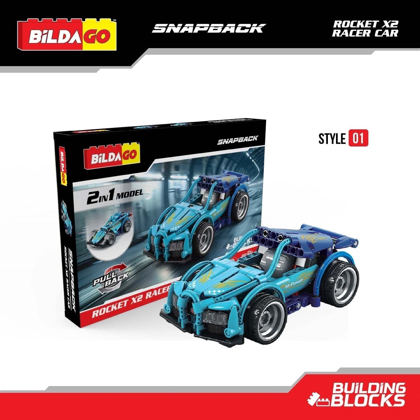 Bildago Snapback Racers - Rocket X2 (SP13438) - Pull back Racer Car (204 Pcs)