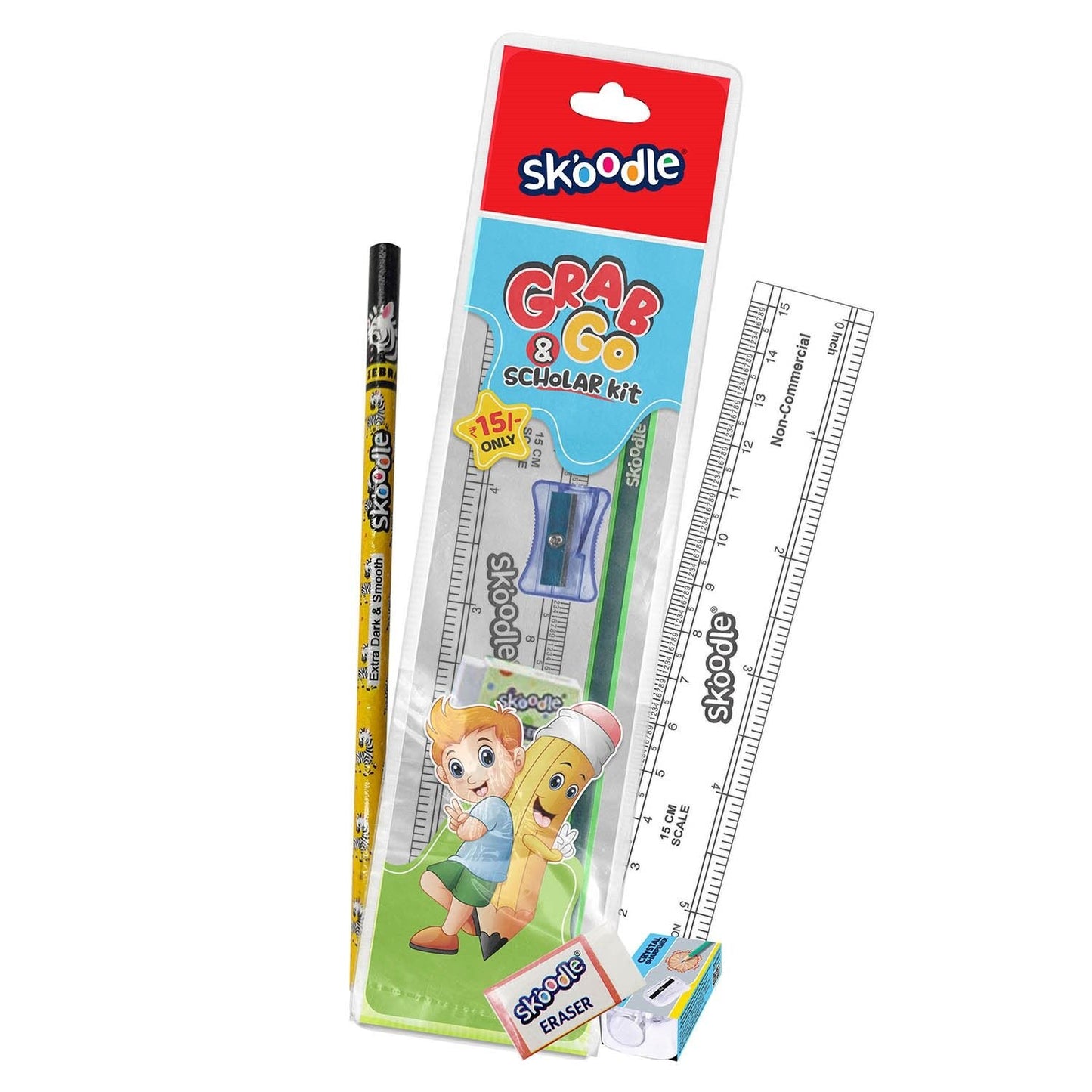 Skoodle Grab & Go Stationery Kit (1 Pencil/1 Scale/1 Eraser/1 Sharpener)